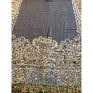 Tan brown paisley blanket scarf with fringe